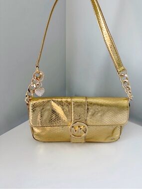 Michael Kors Metallic Gold Snake-Embossed Shoulder Bag with Charm